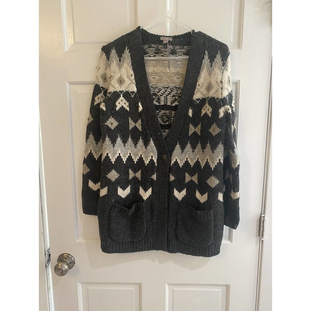 J JILL Wool Chunky Knit Southwestern Fair Isle Beaded Cardigan Sweater Size XS
